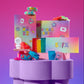 A colorful assortment of branded candy and snack boxes arranged on a lavender pedestal against a pink-to-purple gradient background. Visible text includes STIX, SUGAR RUSH, and other playful product names.